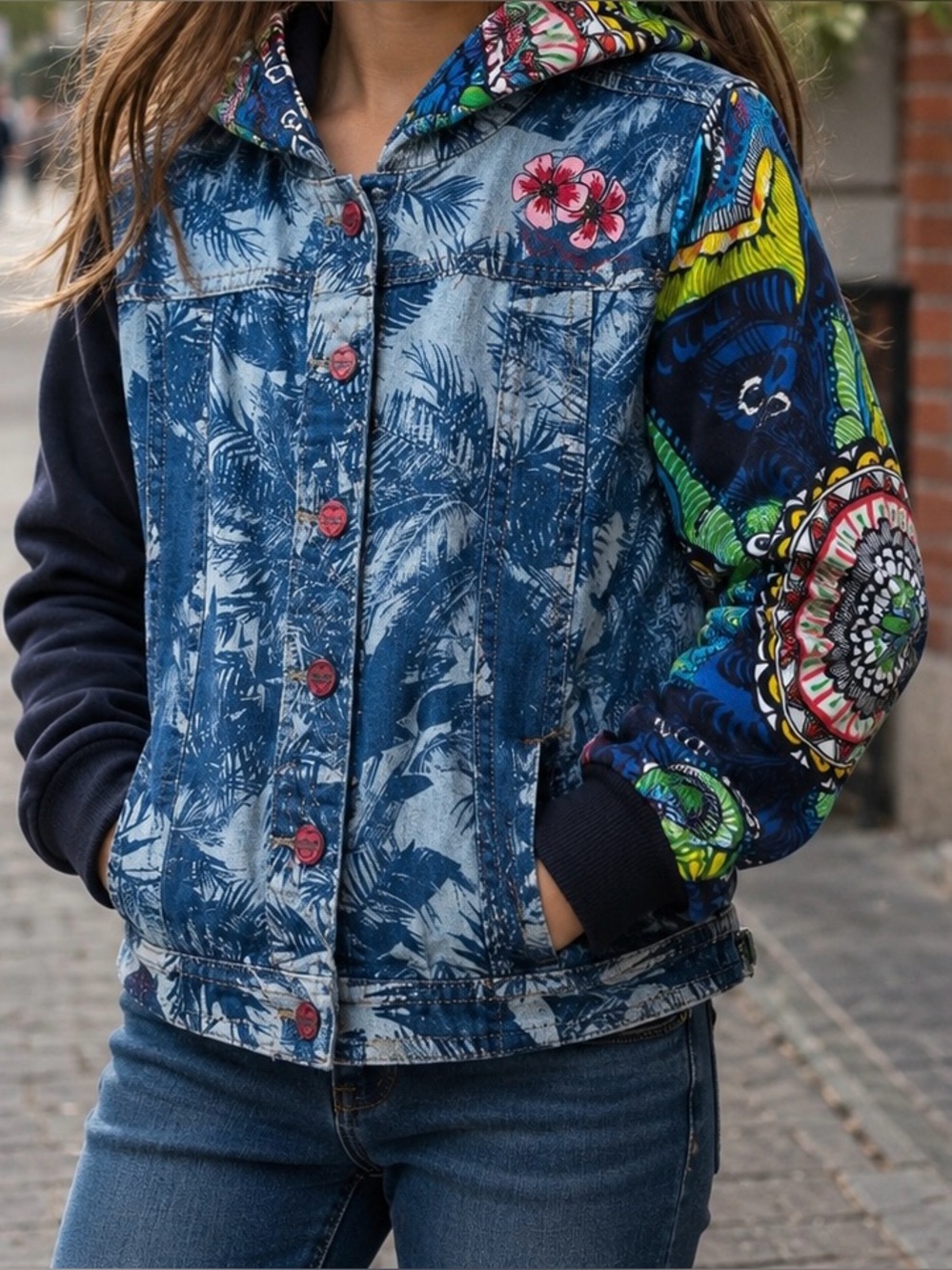 Desigual Blue Denim Jacket with Navy and Multicolor Sleeve